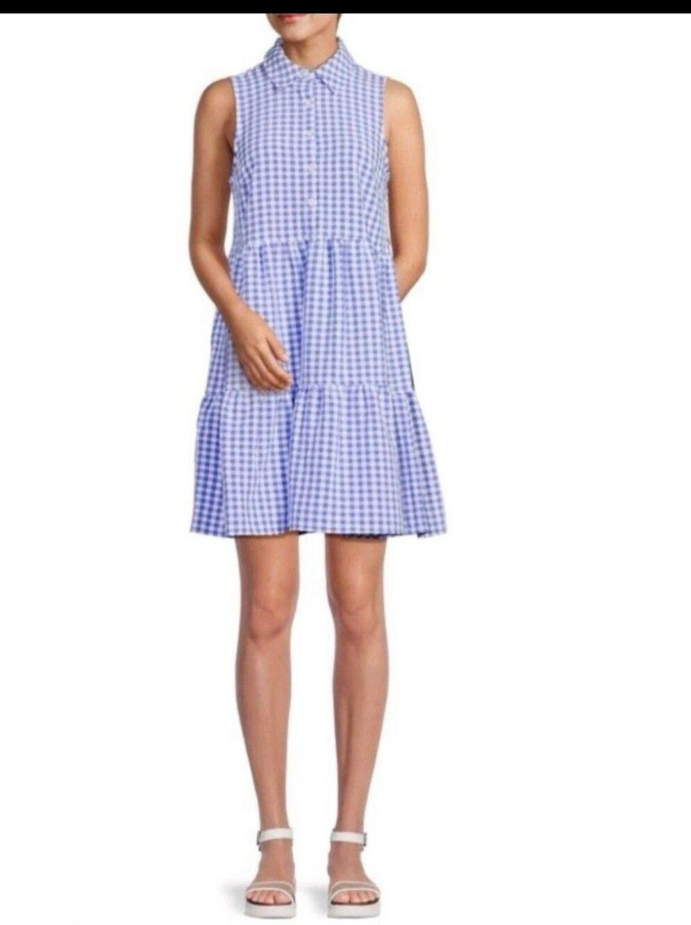 Tommy Hilfiger Tiered gingham shirt dress blue white sleeveless 16